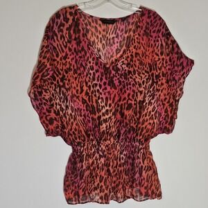 Investments Top Womens Medium Multicolor Leopard Sheer Kimono V Neck Boho Fun M